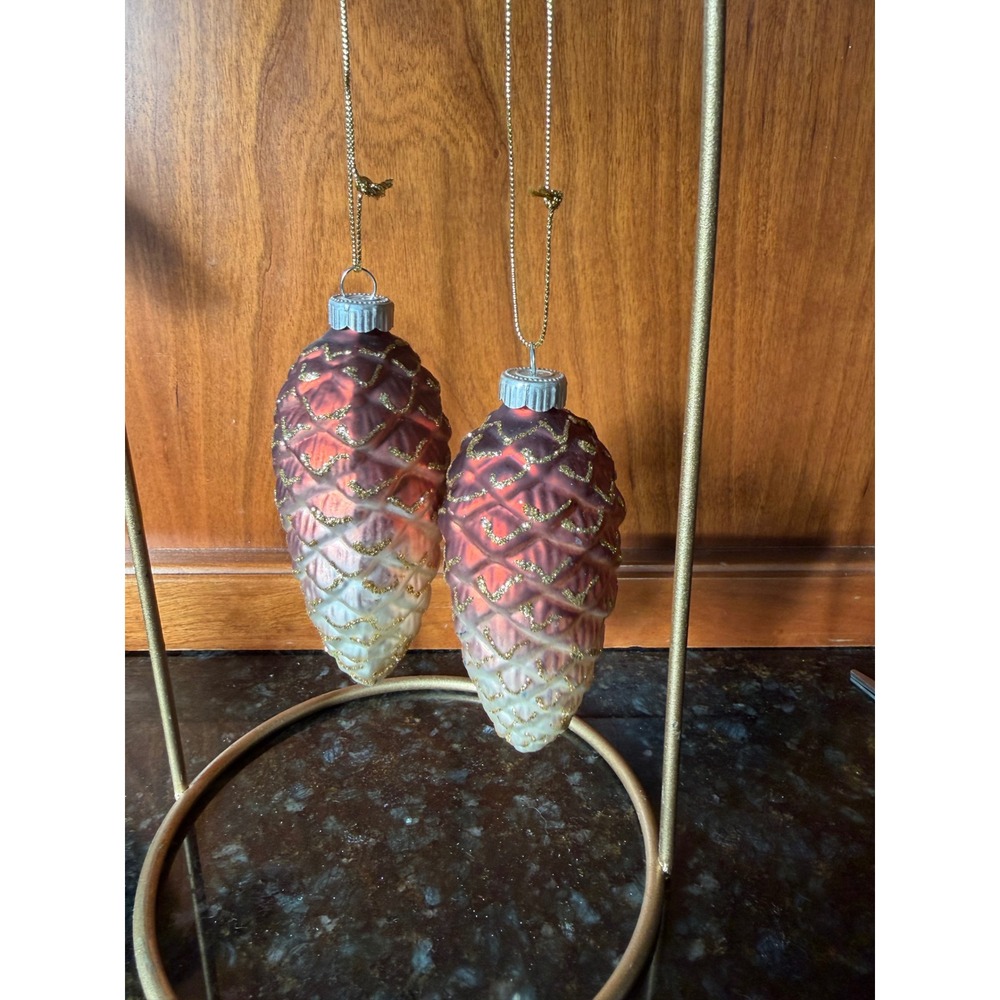 Set of 2 Glass Pinecone Christmas Ornaments Burgundy Ombre Gold Glitter 4.5"